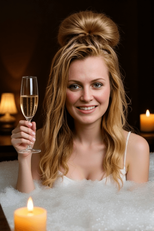 Bella Luxe OnlyFans leaked luxury photo — That She is in a bubble bath with candles, hair pinned up, champagne glass in hand, bubbles barely covering look hits different